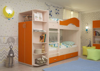 Кровать Мая двухъярусная с ящиками и шкафом Млечный дуб/Оранжевый в Пушном - pushnoj.mebel54.com | фото