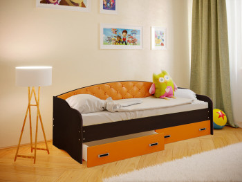 Кровать Софа-7 с мягкой спинкой (800х2000) Венге/Оранжевый в Пушном - pushnoj.mebel54.com | фото